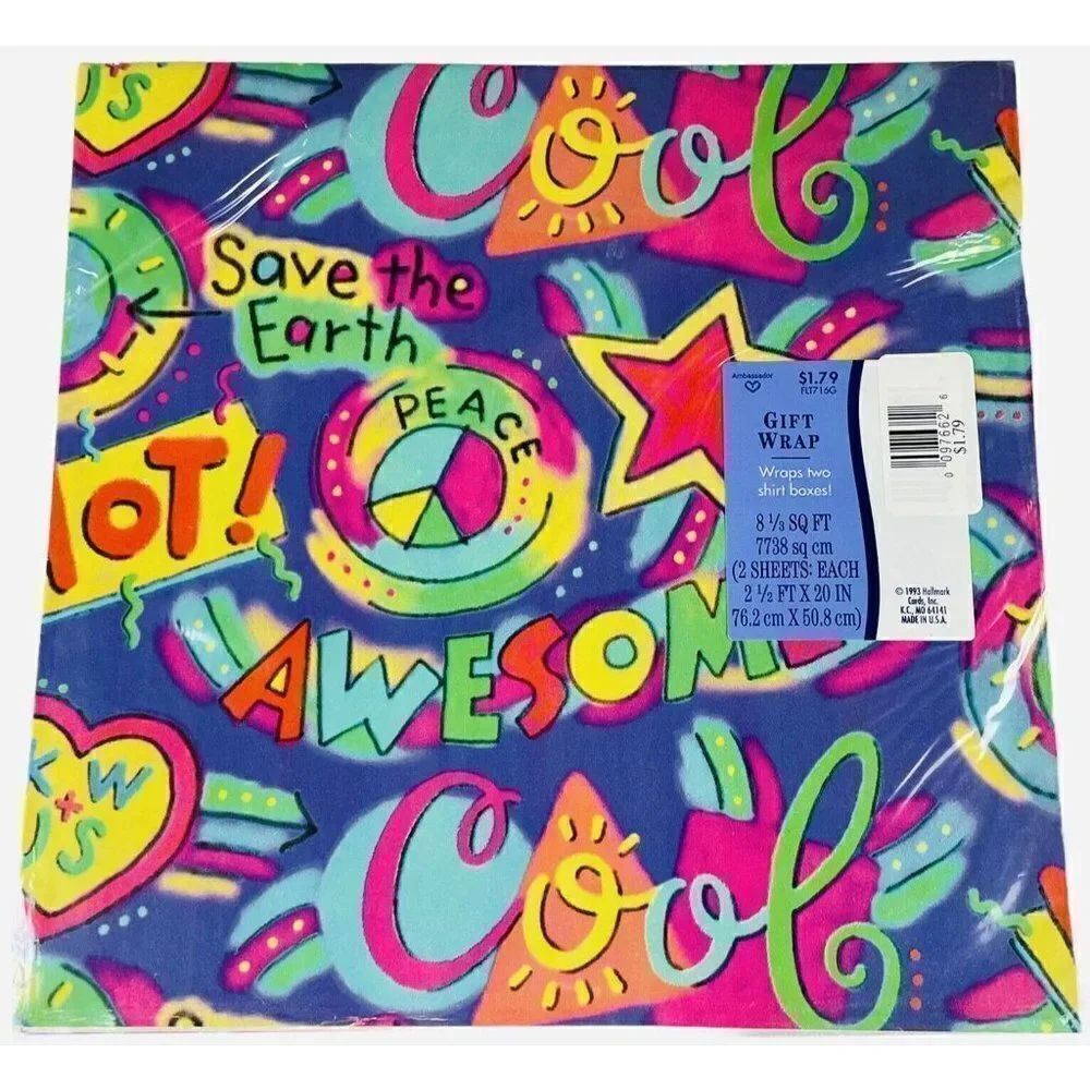 NOS Vintage 1993 Hallmark Ambassador Gift Wrap 2 Sheets 90s Peace Awesome Cool